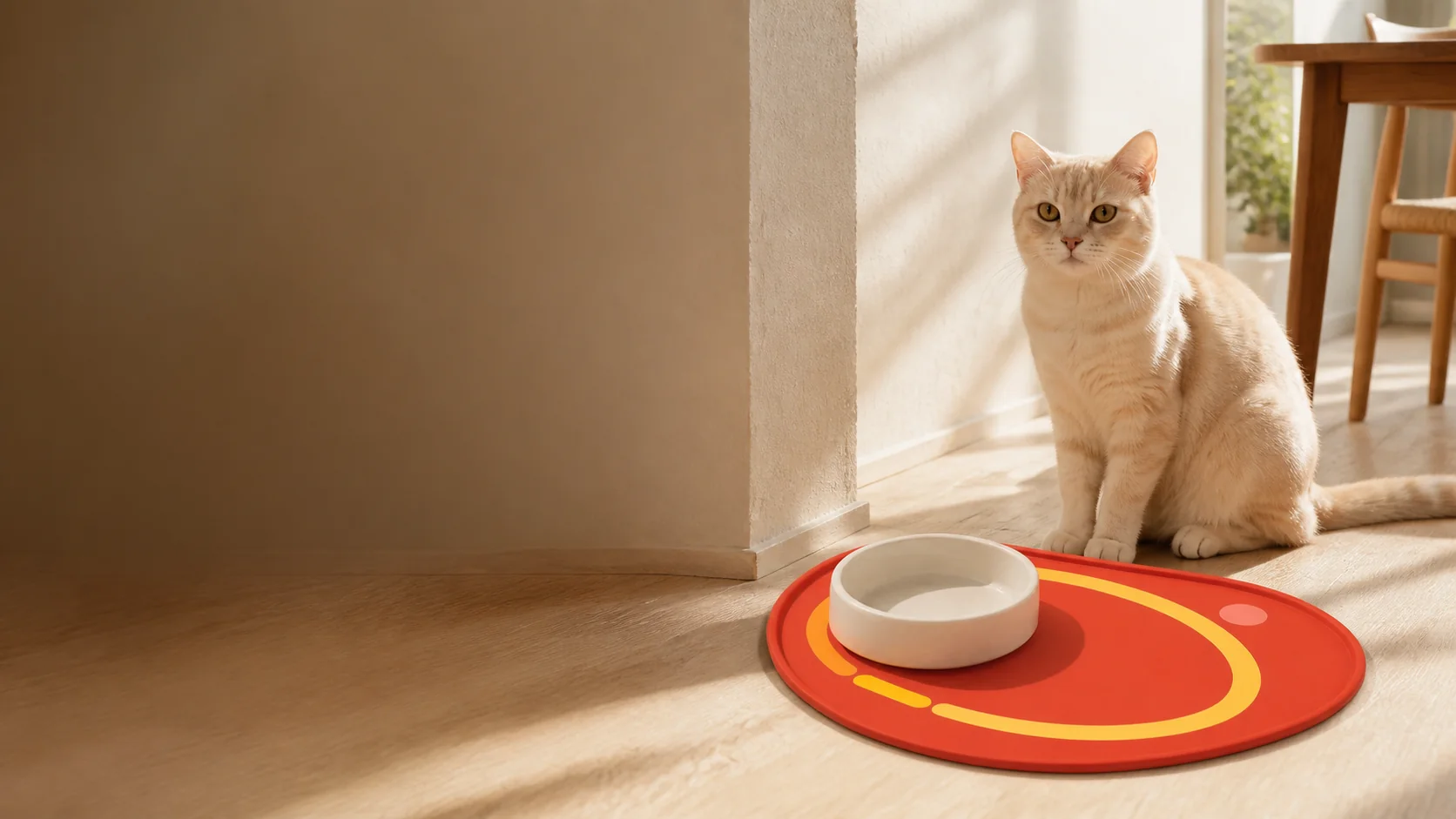 A cream-colored cat beside the red and yellow Orbit Loop Feeding Mat