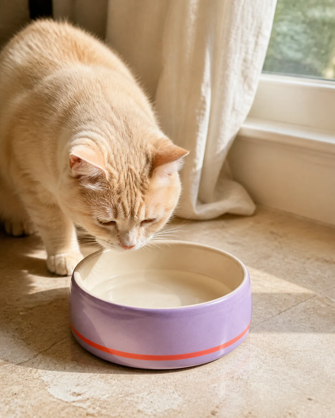 Cream cat drinking from a Halo Low Cat Bowl in warm window light
