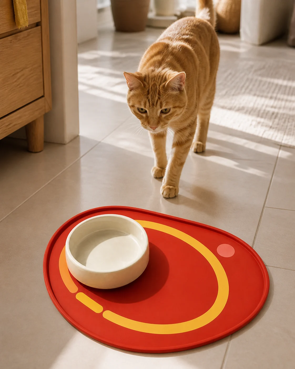 Orange tabby walking toward an Orbit Loop Feeding Mat in a sunlit home