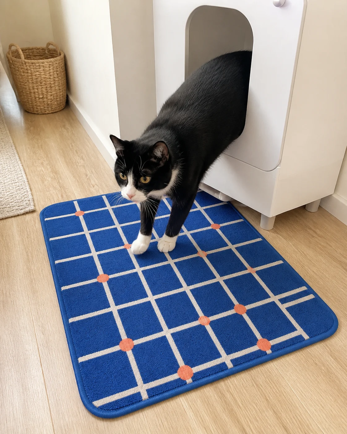 Tuxedo cat stepping onto a Pounce Grid Floor Mat beside a litter cabinet