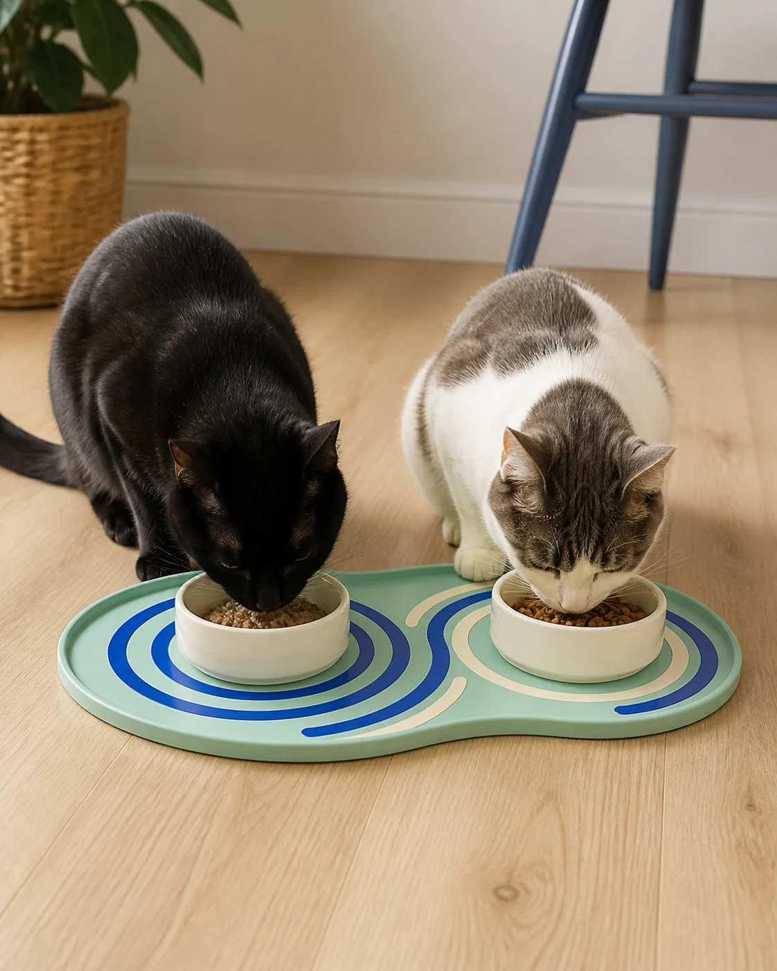Two cats sharing a Ripple Arc Feeding Mat on a pale wood floor